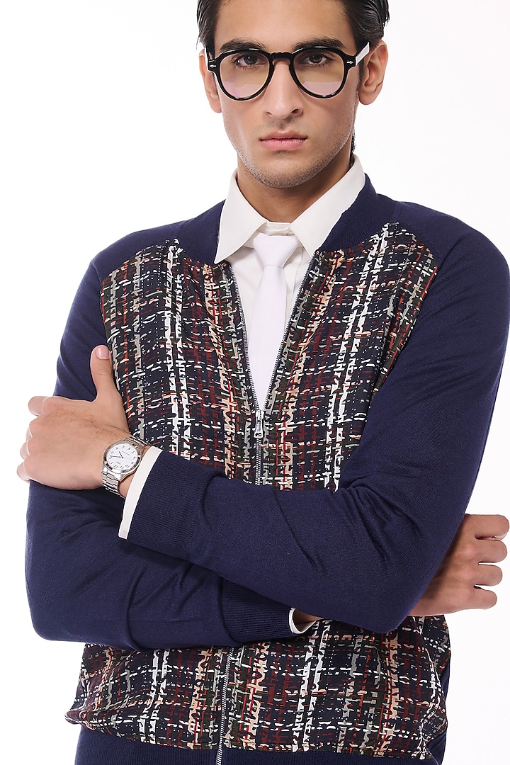 Multi-Colored Merino Wool & Pure Silk Twill Bomber Jacket by S&N by Shantnu Nikhil Men at Pernia's Pop Up Shop