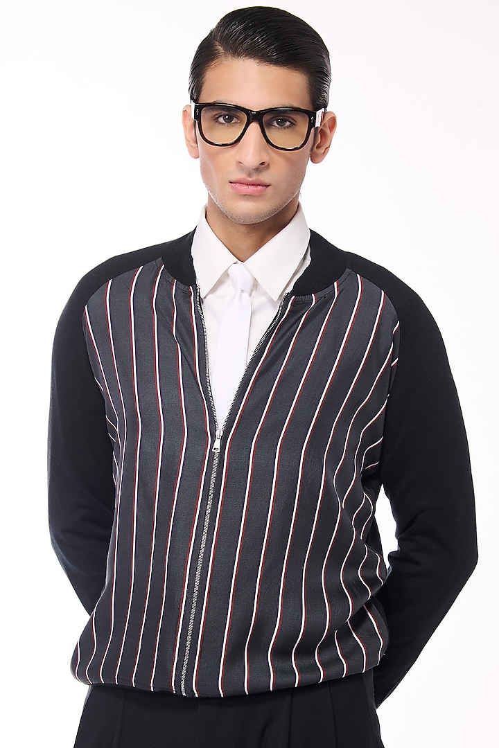 Multi-Colored Merino Wool & Pure Silk Twill Stripe Printed Bomber Jacket by S&N by Shantnu Nikhil Men at Pernia's Pop Up Shop