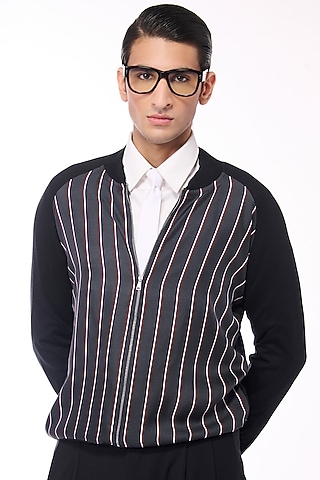 Multi-Colored Merino Wool & Pure Silk Twill Stripe Printed Bomber Jacket by S&N by Shantnu Nikhil Men