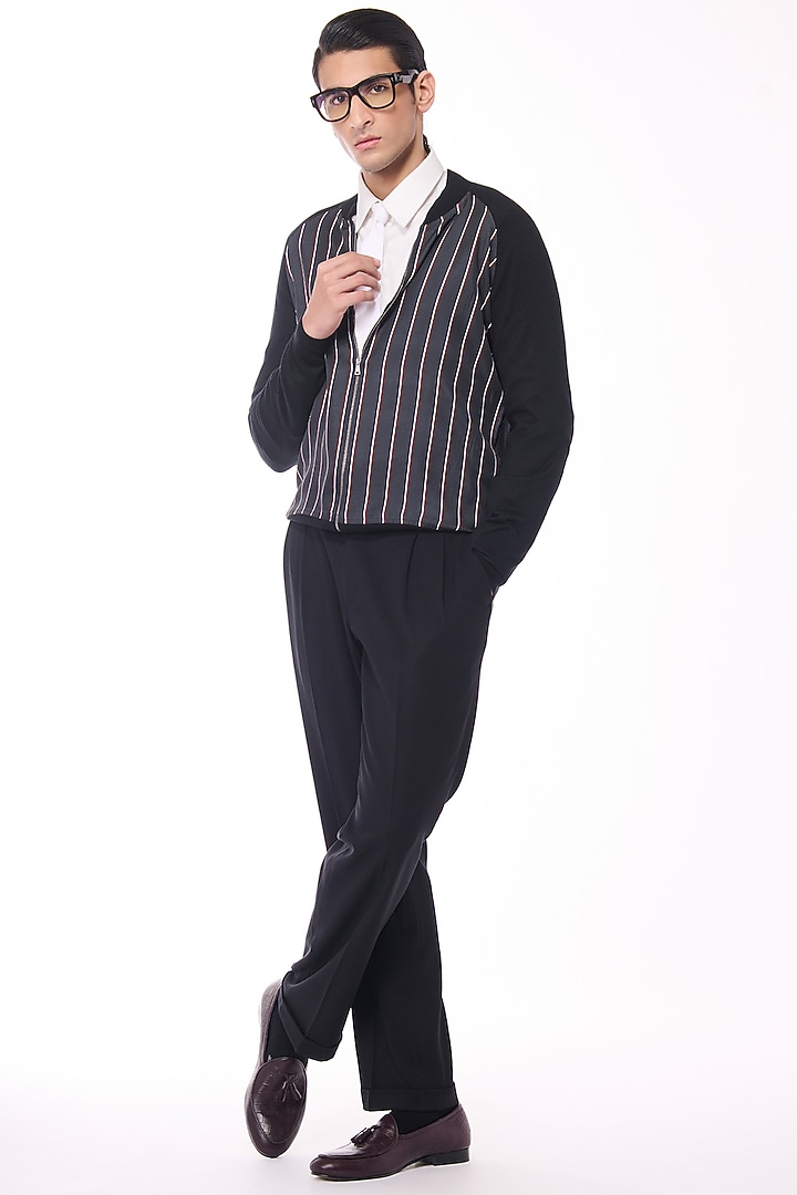 Multi-Colored Merino Wool & Pure Silk Twill Stripe Printed Bomber Jacket by S&N by Shantnu Nikhil Men at Pernia's Pop Up Shop