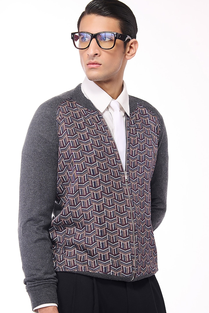 Grey Merino Wool & Pure Silk Twill Geometric Printed Bomber Jacket by S&N by Shantnu Nikhil Men at Pernia's Pop Up Shop