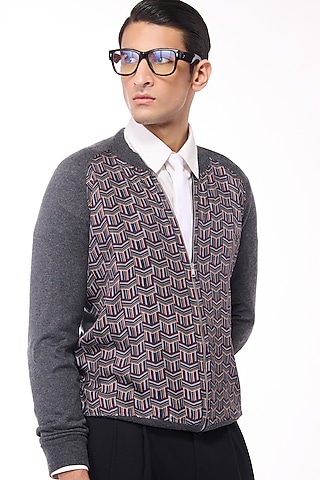 Grey Merino Wool & Pure Silk Twill Geometric Printed Bomber Jacket by S&N by Shantnu Nikhil Men