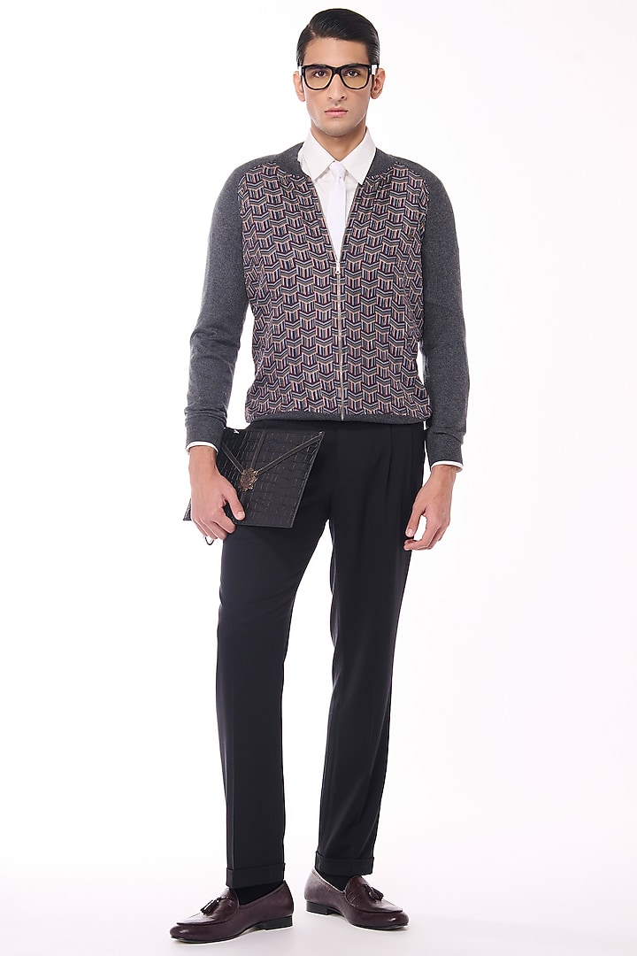 Grey Merino Wool & Pure Silk Twill Geometric Printed Bomber Jacket by S&N by Shantnu Nikhil Men at Pernia's Pop Up Shop
