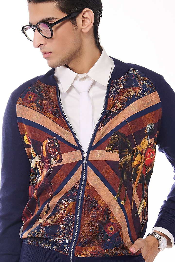 Multi-Colored Merino Wool & Pure Silk Twill Printed Bomber Jacket by S&N by Shantnu Nikhil Men at Pernia's Pop Up Shop