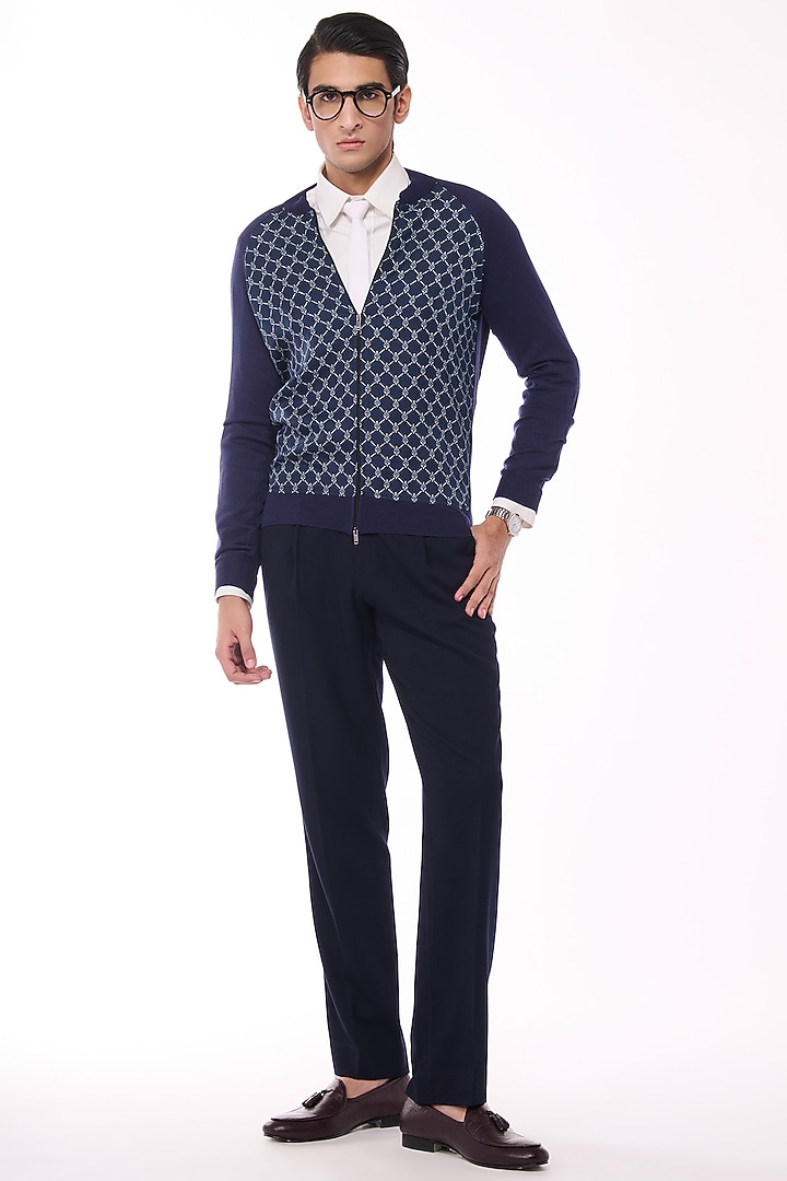Navy Merino Wool & Pure Silk Twill Printed Bomber Jacket by S&N by Shantnu Nikhil Men at Pernia's Pop Up Shop