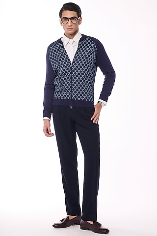 Navy Merino Wool & Pure Silk Twill Printed Bomber Jacket by S&N by Shantnu Nikhil Men
