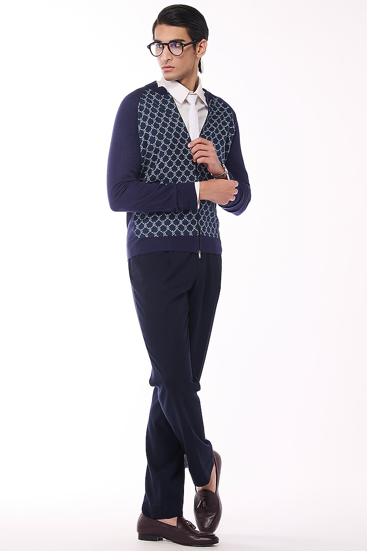 Navy Merino Wool & Pure Silk Twill Printed Bomber Jacket by S&N by Shantnu Nikhil Men at Pernia's Pop Up Shop