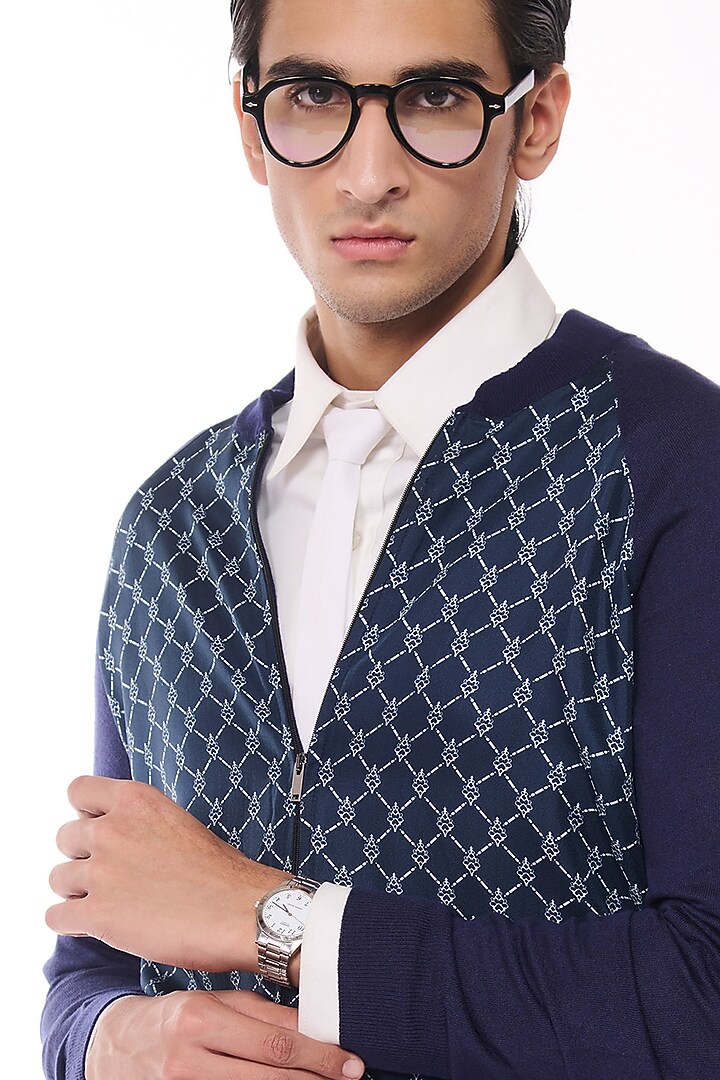 Navy Merino Wool & Pure Silk Twill Printed Bomber Jacket by S&N by Shantnu Nikhil Men at Pernia's Pop Up Shop