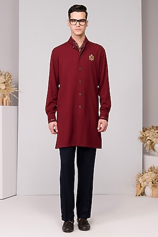 Cherry Red Brushed Suiting Blend Embroidered Kurta by S&N by Shantnu Nikhil Men