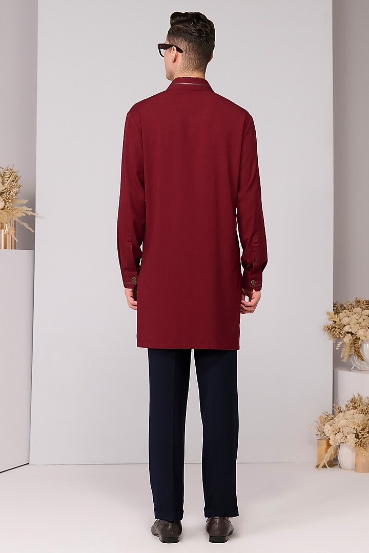 Cherry Red Brushed Suiting Blend Embroidered Kurta by S&N by Shantnu Nikhil Men at Pernia's Pop Up Shop