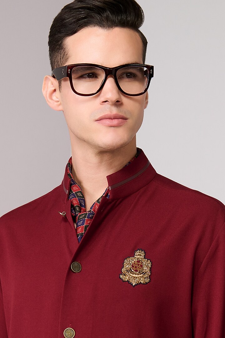 Cherry Red Brushed Suiting Blend Embroidered Kurta by S&N by Shantnu Nikhil Men at Pernia's Pop Up Shop