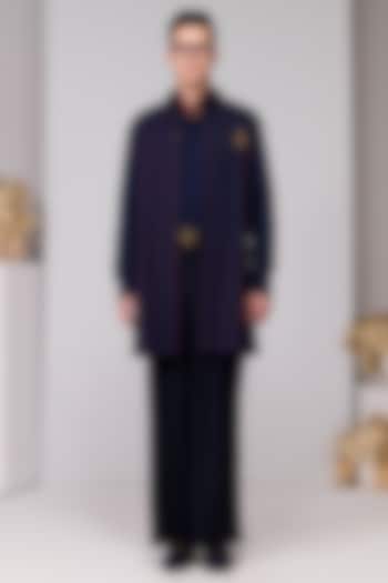 Navy Blue Terylene Viscose Lycra Embroidered Kurta by S&N by Shantnu Nikhil Men at Pernia's Pop Up Shop