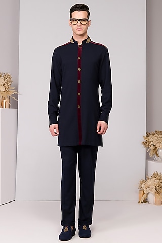 Navy Blue Poly Blend Viscose Lycra Kurta by S&N by Shantnu Nikhil Men