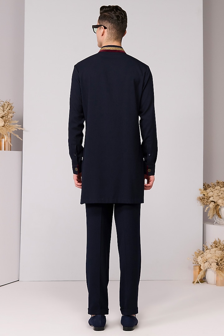 Navy Blue Poly Blend Viscose Lycra Kurta by S&N by Shantnu Nikhil Men at Pernia's Pop Up Shop