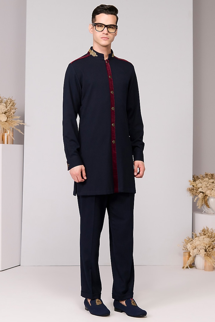 Navy Blue Poly Blend Viscose Lycra Kurta by S&N by Shantnu Nikhil Men at Pernia's Pop Up Shop