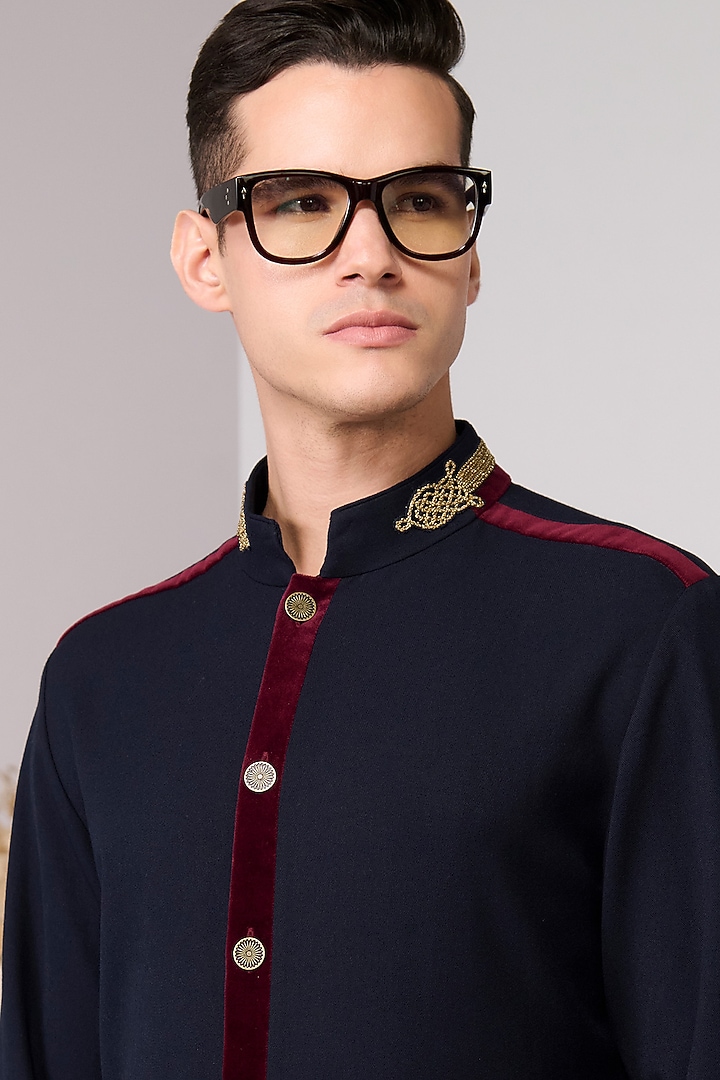 Navy Blue Poly Blend Viscose Lycra Kurta by S&N by Shantnu Nikhil Men at Pernia's Pop Up Shop