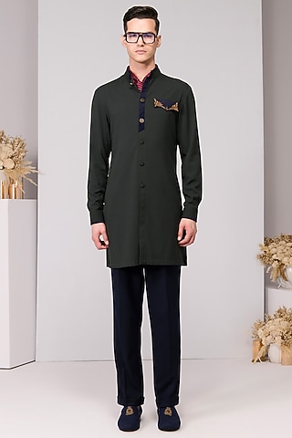Military Green Poly Blend Viscose Lycra Kurta by S&N by Shantnu Nikhil Men