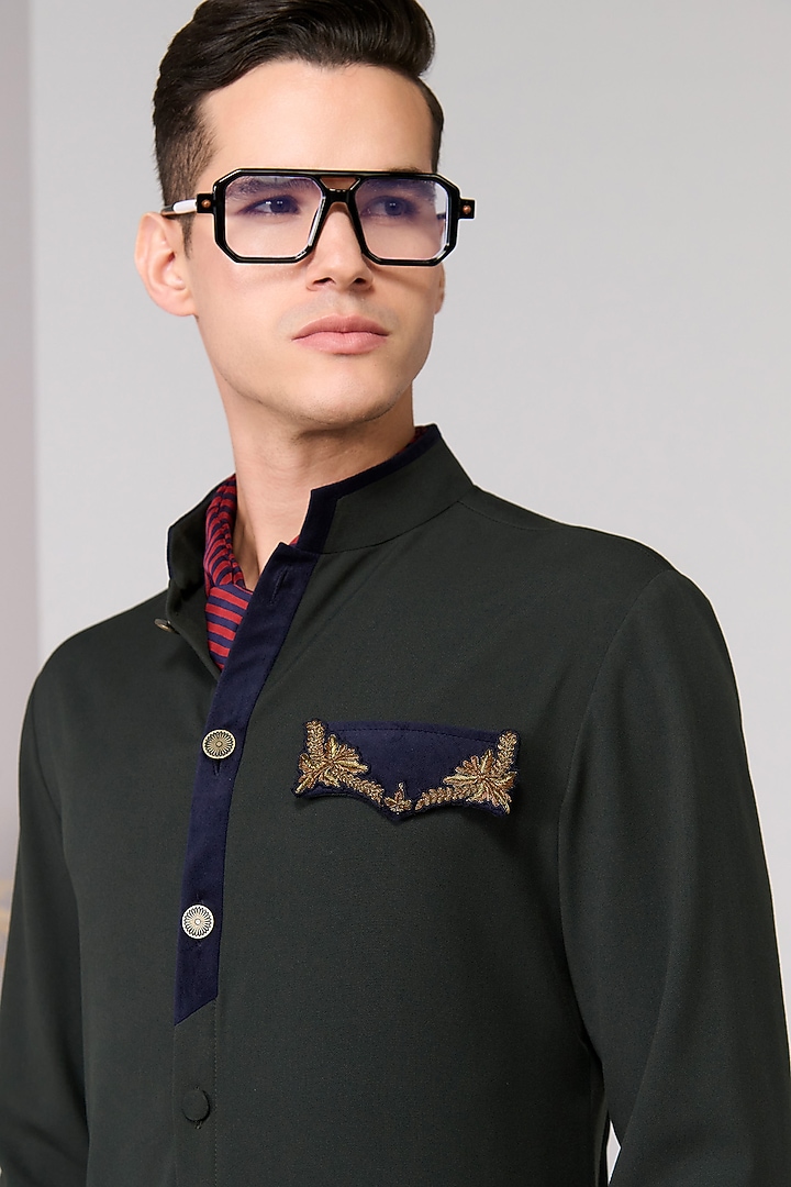 Military Green Poly Blend Viscose Lycra Kurta by S&N by Shantnu Nikhil Men at Pernia's Pop Up Shop