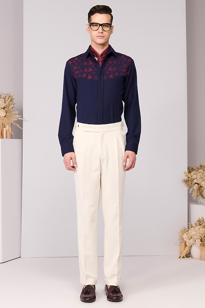 Navy Blue Poly Blend Viscose Lycra Embroidered Wedding Shirt by S&N by Shantnu Nikhil Men at Pernia's Pop Up Shop