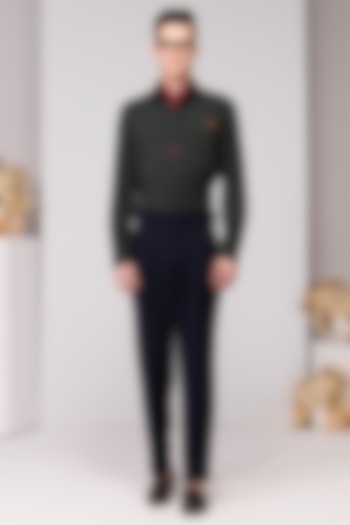 Military Green Terylene Viscose Lycra Wedding Shirt by S&N by Shantnu Nikhil Men at Pernia's Pop Up Shop