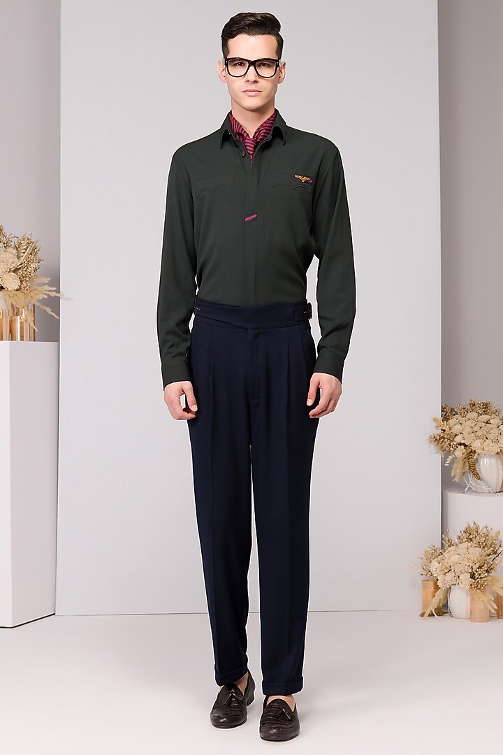 Military Green Terylene Viscose Lycra Wedding Shirt by S&N by Shantnu Nikhil Men at Pernia's Pop Up Shop