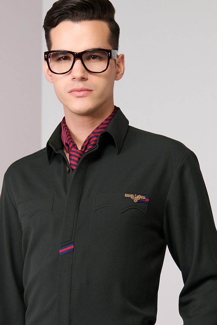 Military Green Terylene Viscose Lycra Wedding Shirt by S&N by Shantnu Nikhil Men at Pernia's Pop Up Shop