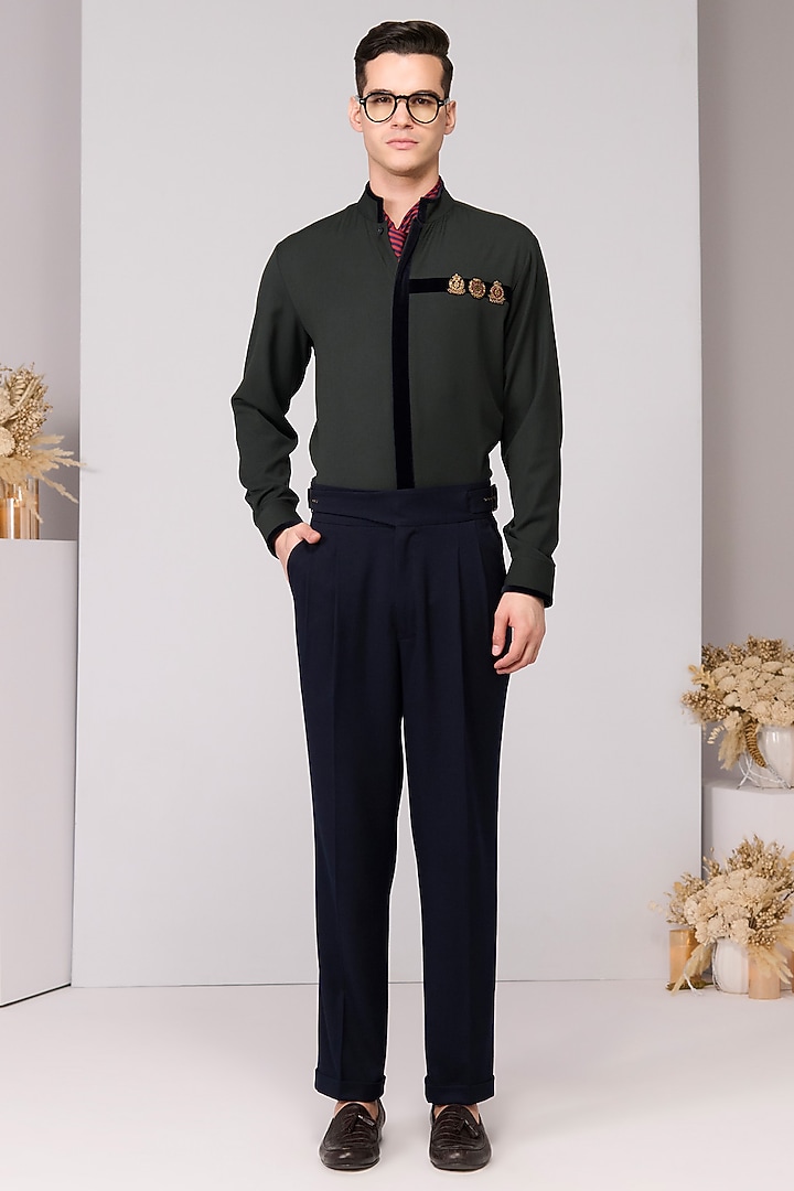 Military Green Terylene Viscose Lycra Wedding Shirt by S&N by Shantnu Nikhil Men at Pernia's Pop Up Shop