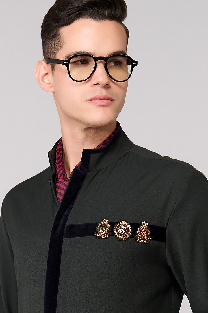 Military Green Terylene Viscose Lycra Wedding Shirt by S&N by Shantnu Nikhil Men at Pernia's Pop Up Shop