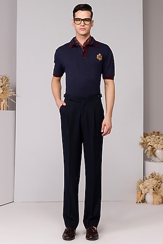Navy Blue Viscose & Nylon Polo T-Shirt by S&N by Shantnu Nikhil Men