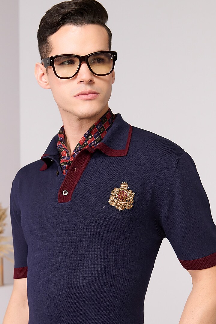 Navy Blue Viscose & Nylon Polo T-Shirt by S&N by Shantnu Nikhil Men at Pernia's Pop Up Shop
