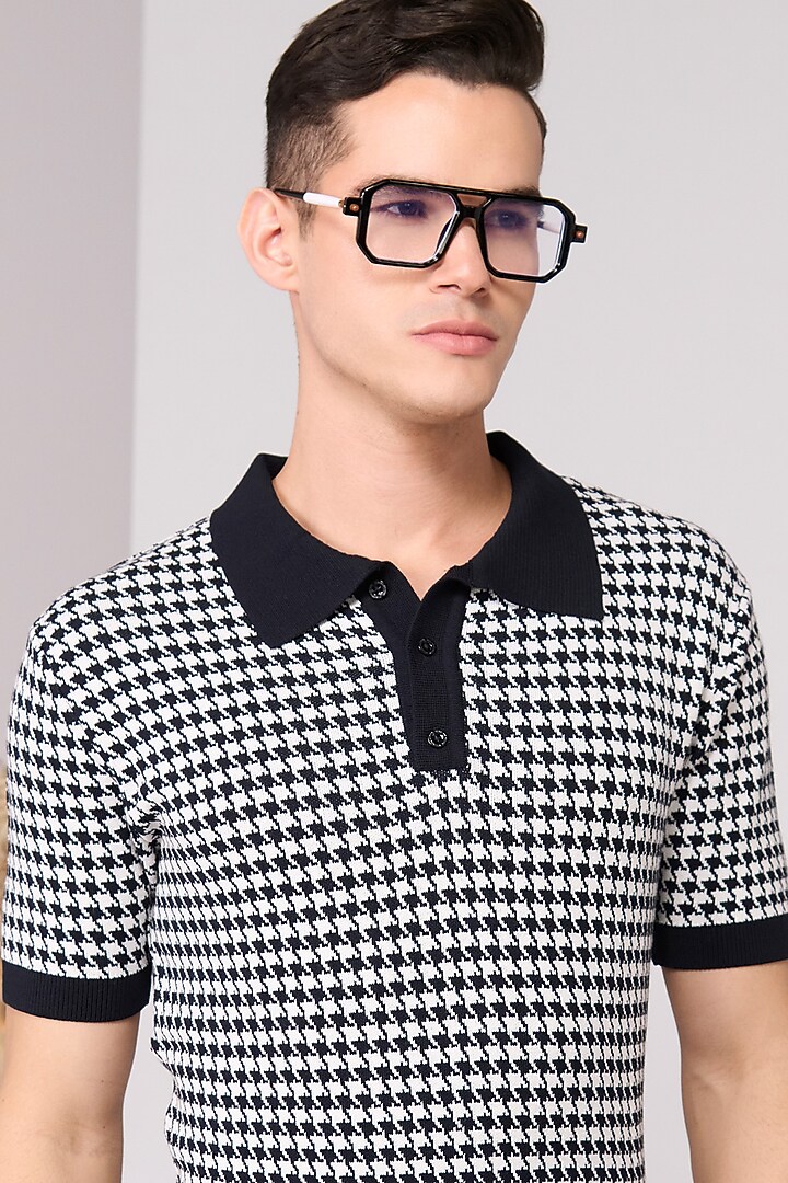 Navy Blue & Off-White Nylon Printed Polo T-Shirt by S&N by Shantnu Nikhil Men at Pernia's Pop Up Shop