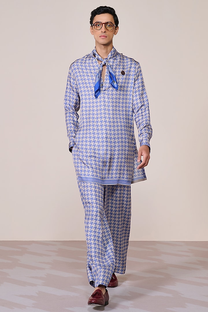 Blue Silk Twill Houndstooth Printed Trousers by S&N by Shantnu Nikhil Men at Pernia's Pop Up Shop