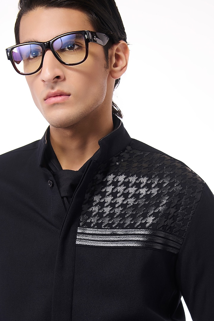Black Poly Blend Viscose Wool Wedding Shirt by S&N by Shantnu Nikhil Men at Pernia's Pop Up Shop