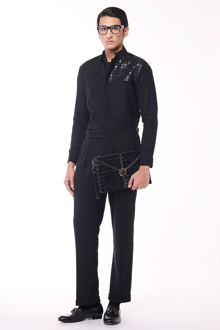 Black Poly Blend Viscose Wool Wedding Shirt by S&N by Shantnu Nikhil Men at Pernia's Pop Up Shop