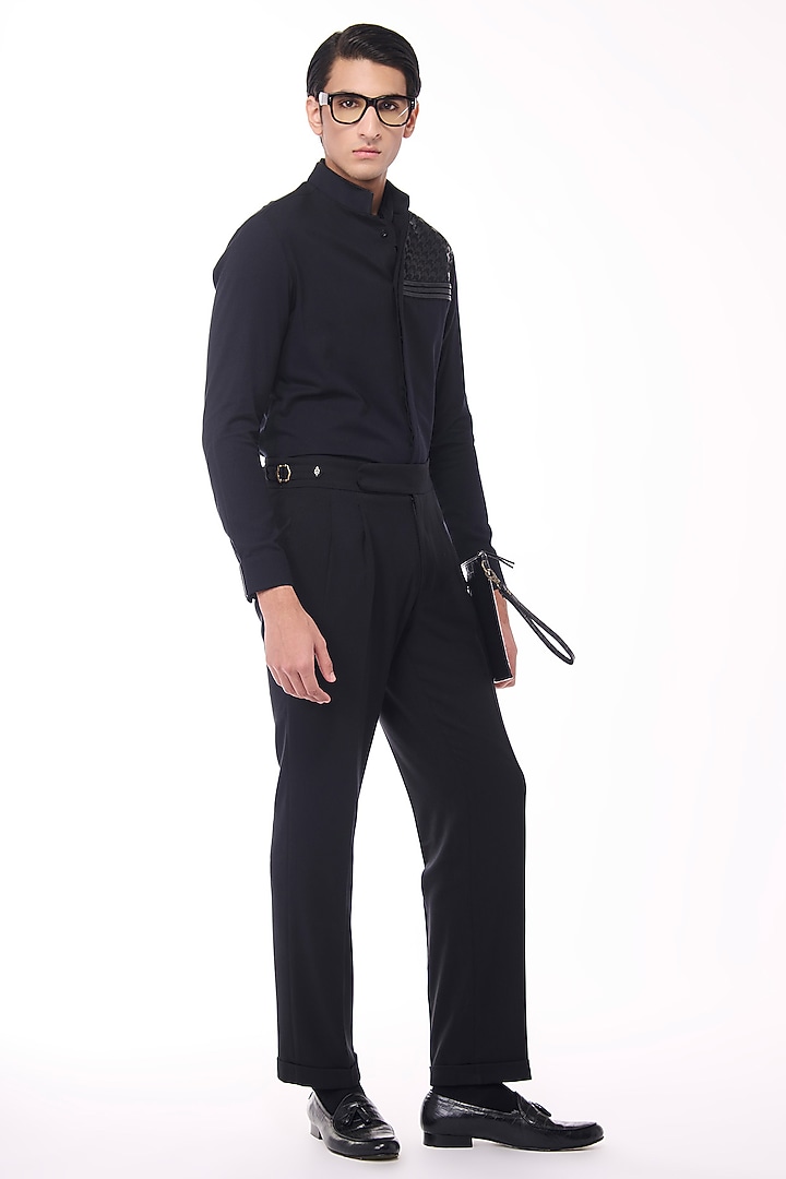 Black Poly Blend Viscose Wool Wedding Shirt by S&N by Shantnu Nikhil Men at Pernia's Pop Up Shop