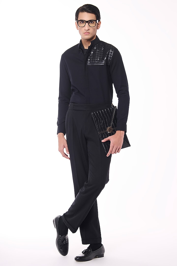 Black Poly Blend Viscose Wool Wedding Shirt by S&N by Shantnu Nikhil Men at Pernia's Pop Up Shop