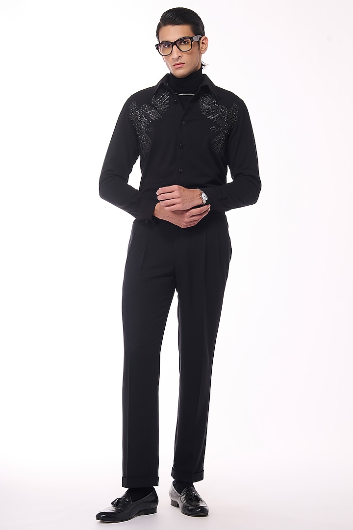 Black Poly Blend Viscose Wool Wedding Shirt by S&N by Shantnu Nikhil Men at Pernia's Pop Up Shop