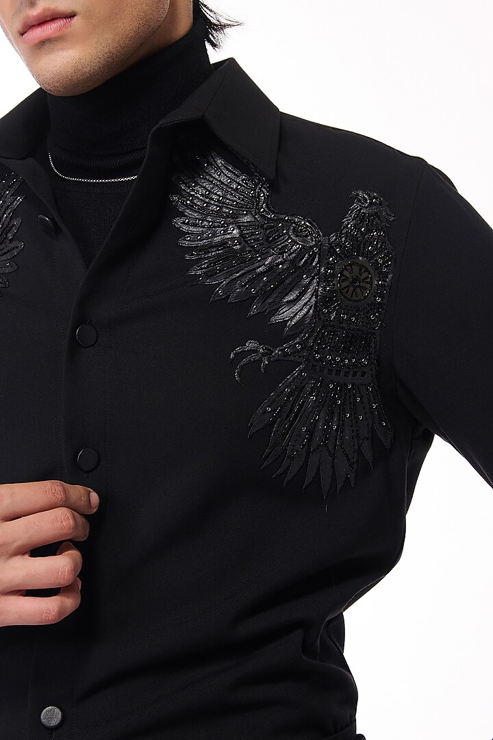 Black Poly Blend Viscose Wool Wedding Shirt by S&N by Shantnu Nikhil Men at Pernia's Pop Up Shop