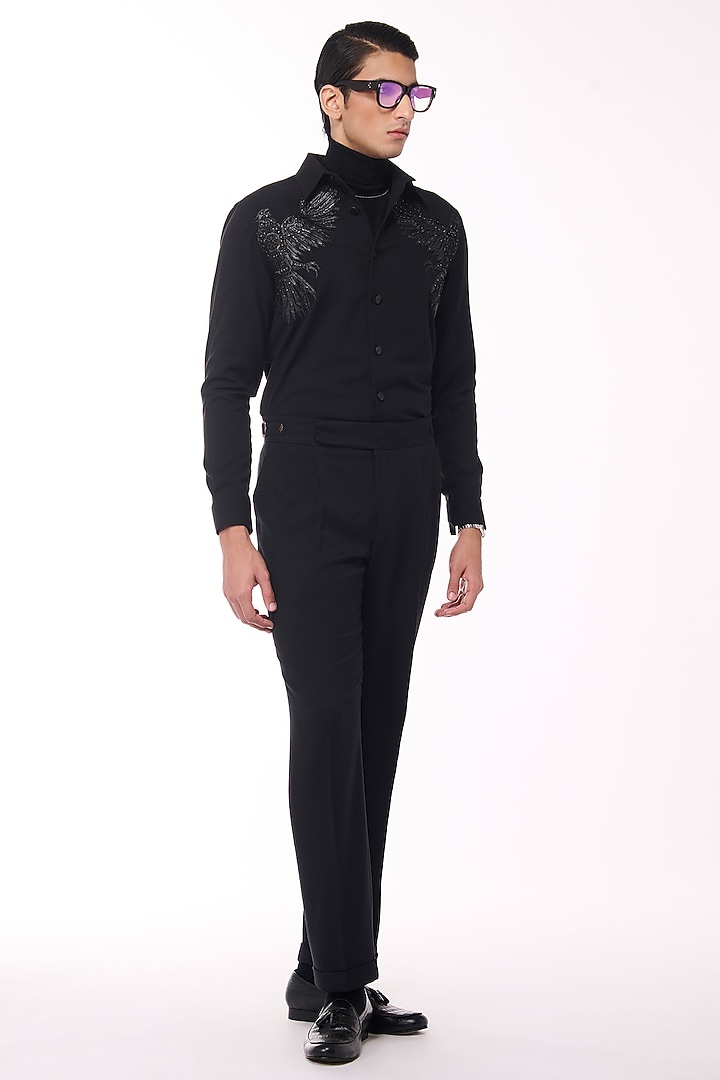 Black Poly Blend Viscose Wool Wedding Shirt by S&N by Shantnu Nikhil Men at Pernia's Pop Up Shop