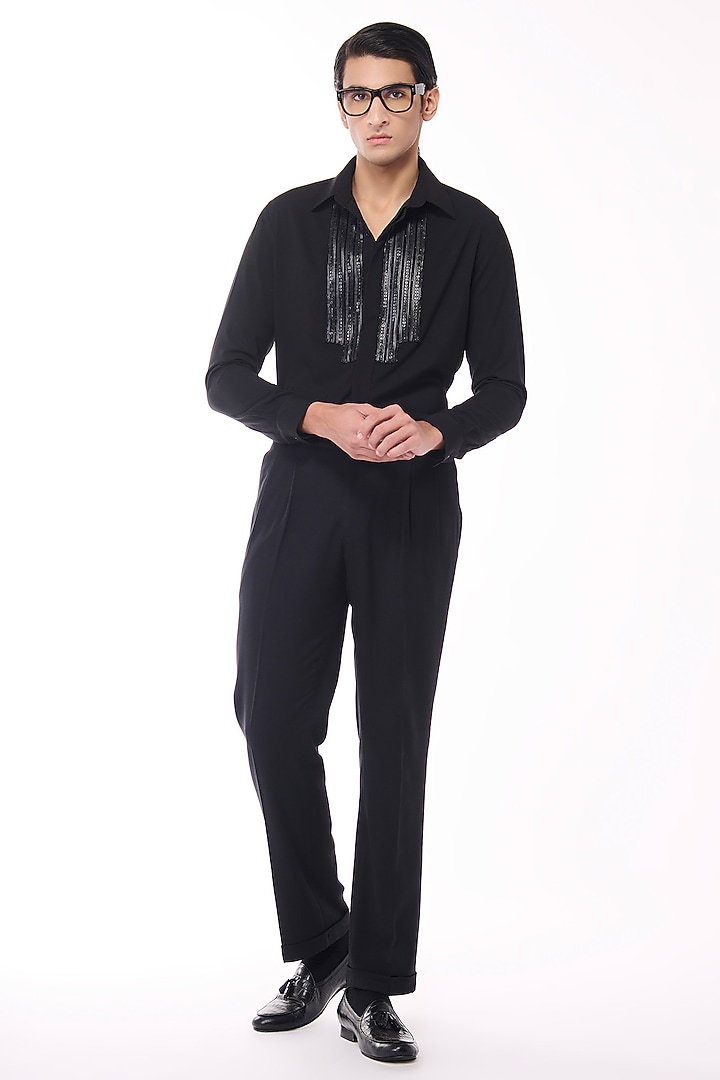 Black Poly Blend Viscose Wool Wedding Shirt by S&N by Shantnu Nikhil Men at Pernia's Pop Up Shop