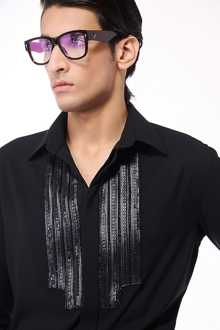Black Poly Blend Viscose Wool Wedding Shirt by S&N by Shantnu Nikhil Men at Pernia's Pop Up Shop