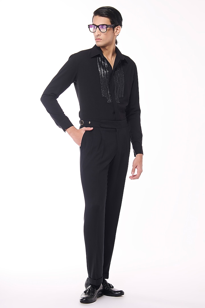 Black Poly Blend Viscose Wool Wedding Shirt by S&N by Shantnu Nikhil Men at Pernia's Pop Up Shop