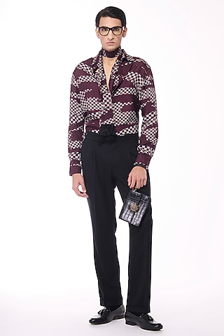 Cabernet-Colored Silk Twill Adamas Printed Shirt by S&N by Shantnu Nikhil Men
