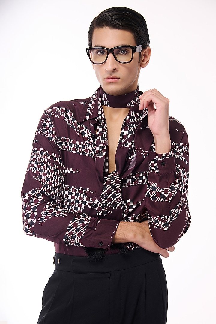 Cabernet-Colored Silk Twill Adamas Printed Wedding Shirt by S&N by Shantnu Nikhil Men at Pernia's Pop Up Shop