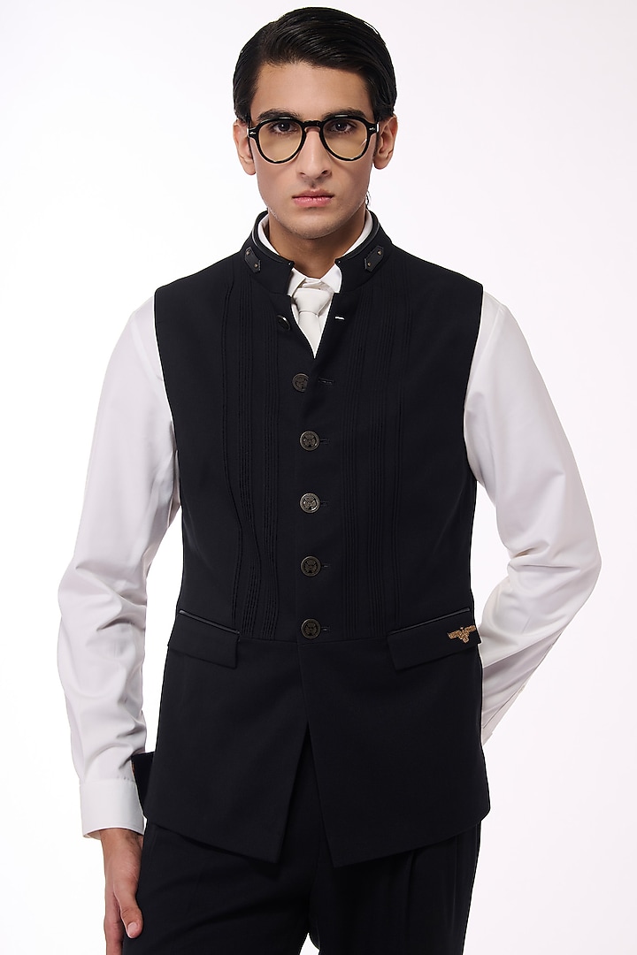 Black Poly Blend Viscose Lycra Waistcoat by S&N by Shantnu Nikhil Men at Pernia's Pop Up Shop