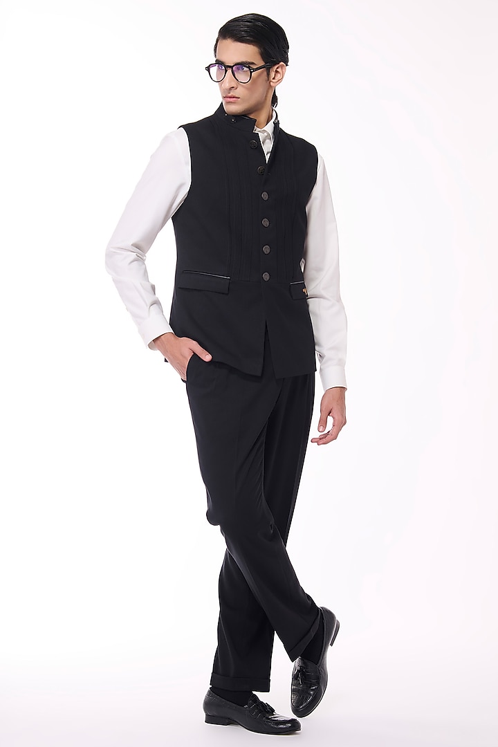 Black Poly Blend Viscose Lycra Waistcoat by S&N by Shantnu Nikhil Men at Pernia's Pop Up Shop