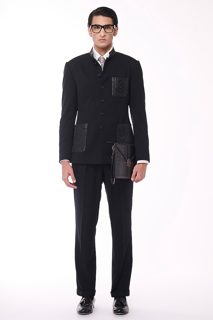 Black Poly Blend Viscose Wool Wedding Bandhgala by S&N by Shantnu Nikhil Men at Pernia's Pop Up Shop