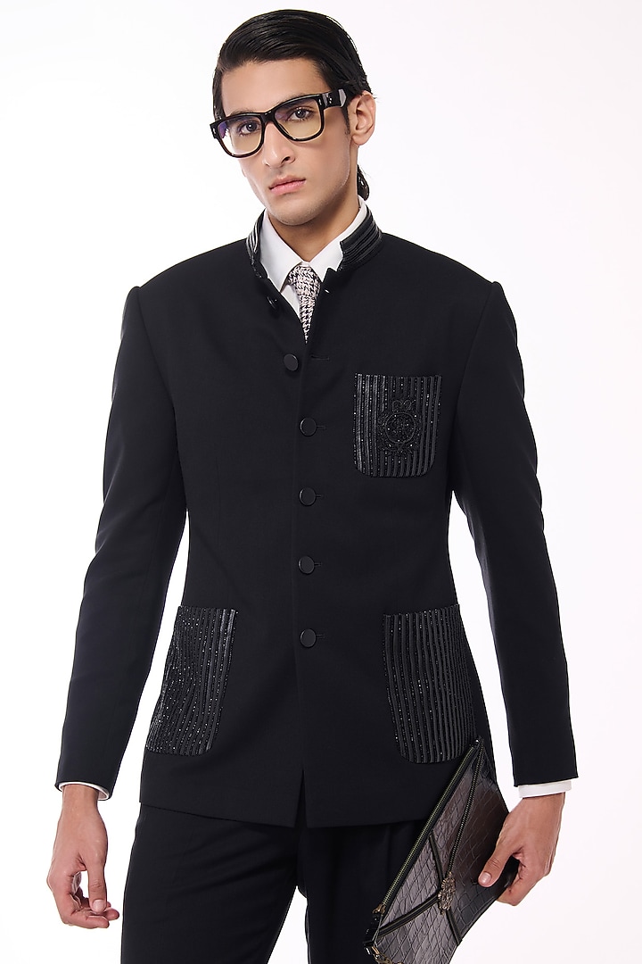 Black Poly Blend Viscose Wool Wedding Bandhgala by S&N by Shantnu Nikhil Men at Pernia's Pop Up Shop