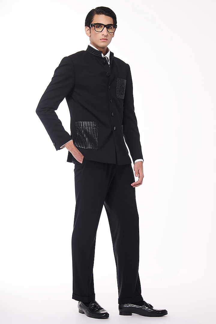 Black Poly Blend Viscose Wool Wedding Bandhgala by S&N by Shantnu Nikhil Men at Pernia's Pop Up Shop