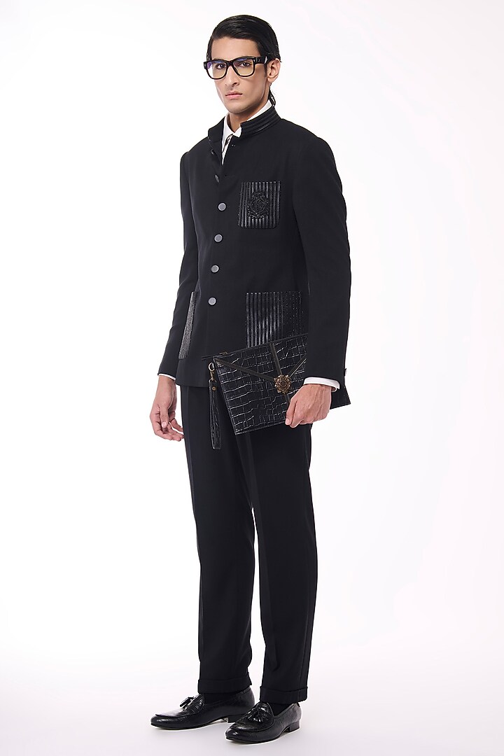 Black Poly Blend Viscose Wool Wedding Bandhgala by S&N by Shantnu Nikhil Men at Pernia's Pop Up Shop